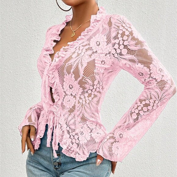 Pink Sexy Women's Lace Sheer Long Sleeve Tops Tie Front Ruffle Shirt Blouses - Picture 4 of 4